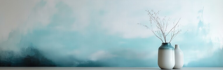 Obraz premium Elegant pale blue and teal haze decorates a serene interior space with delicate vases and minimalist design elements