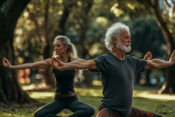 Senior couple practicing yoga balancing poses in park
