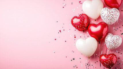 Heart-shaped balloons with confetti on pastel pink background. Valentine's Day concept