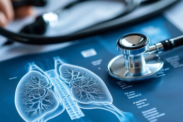 Stethoscope examining lungs x-ray for respiratory disease diagnosis