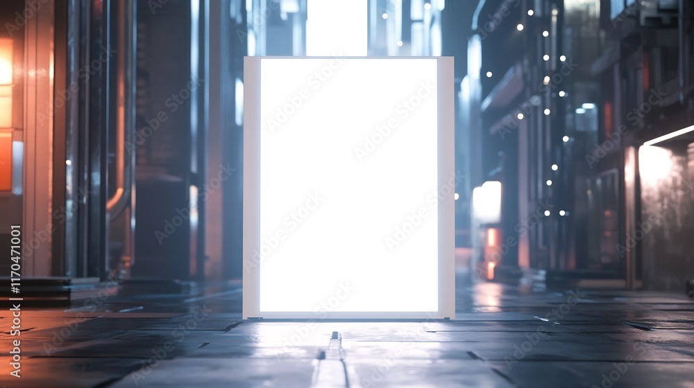 Poster tall vertical luminous lightbox in futuristic urban setting with dynamic lighting