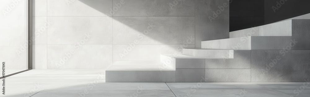 Poster elegant monochromatic staircase and wall design in pastel gray filled with soft natural light creati