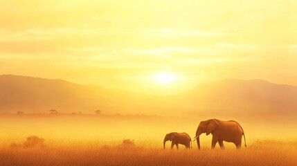 Fototapeta premium An elephant and its calf stand gracefully at sunset in golden light on the African savanna