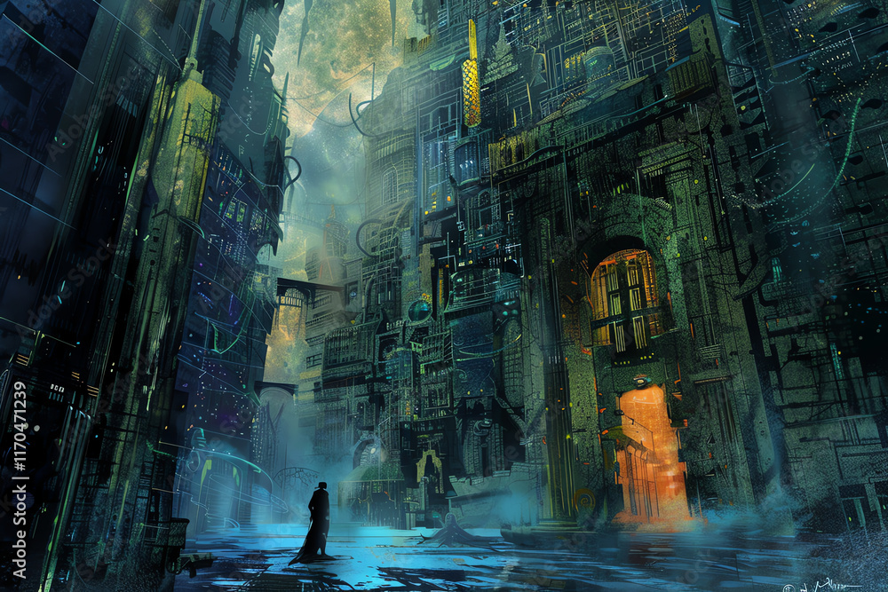 Poster infuse a sense of mystery and wonder into a low-angle view urban scene featuring futuristic technolo
