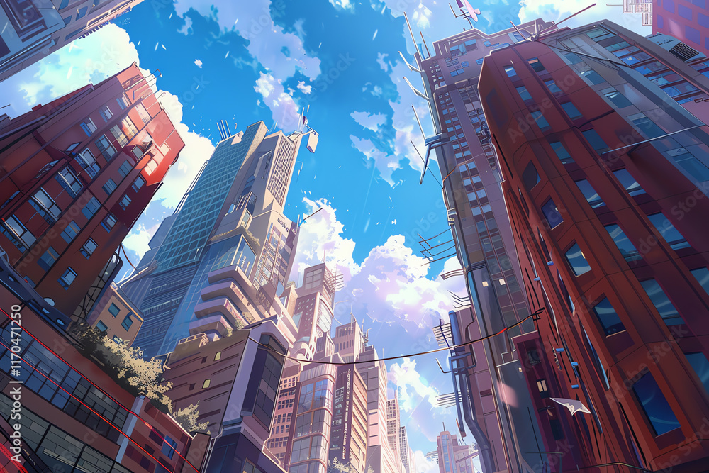 Poster infuse a sense of mystery and wonder into a low-angle view urban scene featuring futuristic technolo