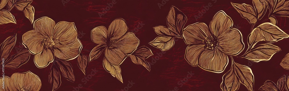 Poster doodles of intricate bronze floral patterns on a deep red background create an elegant decorative de
