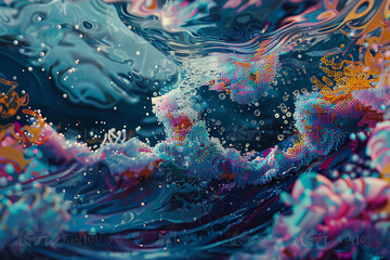 Infuse the tranquility of underwater scenes with an abstract twist, creating a pixel art depiction of impressionism in a close-up shot Pixel art technique, swirling currents, dreamlike marine life
