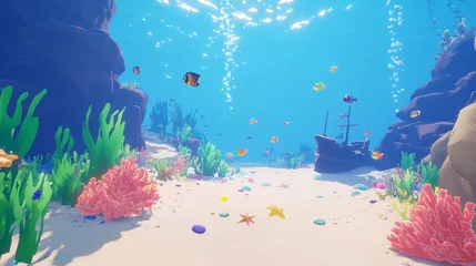 Cartoon underwater landscape, game level. Seaweed, corals, fish school and sunken ship. Vector sea or ocean under water world background, marine sand bottom with coral reef, starfish and bubbles