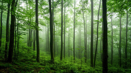 Obraz premium Misty Forest at Dawn Shrouded in Complete Silence with Lush Green Foliage