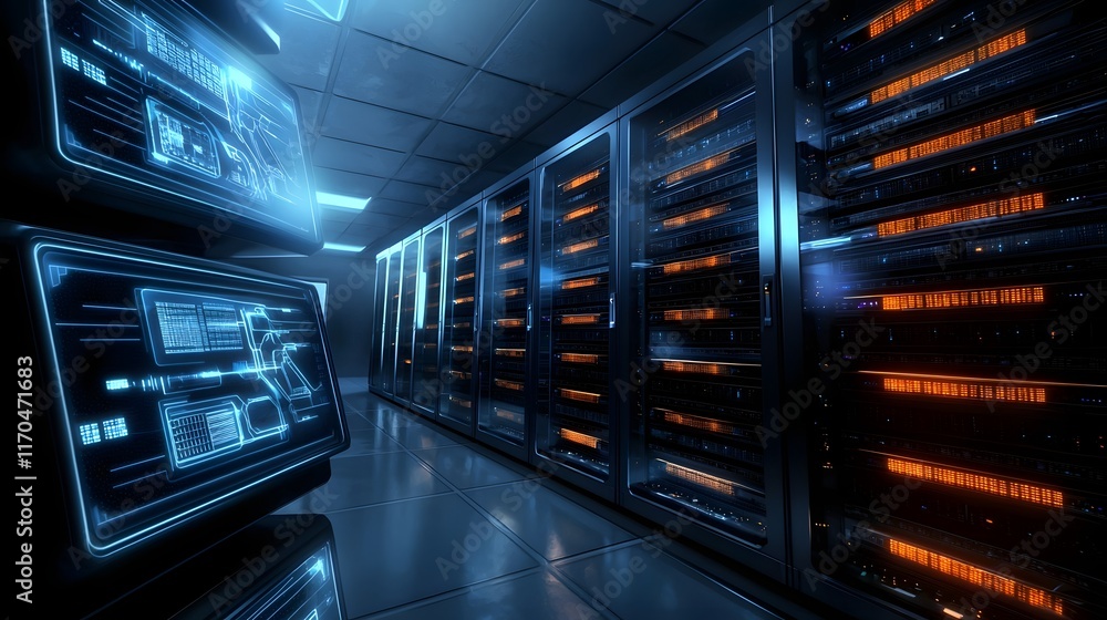 Aufkleber futuristic quantum data center environment with glowing server racks and holographic data flow visua