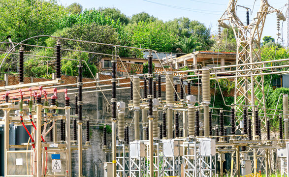 industrial transformer electrical substation undewr electric current providing electricity for a town or city