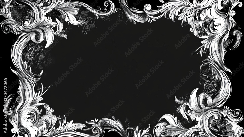 Poster ornate rectangular black and frame with scrolls and flourishes enclosing blank copy space, vector il
