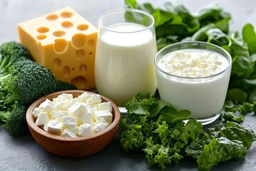 Different dairy products with green vegetables promoting healthy eating habits