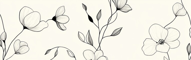 Black floral outlines create a sophisticated design on a light background, highlighting nature's elegance in contemporary art