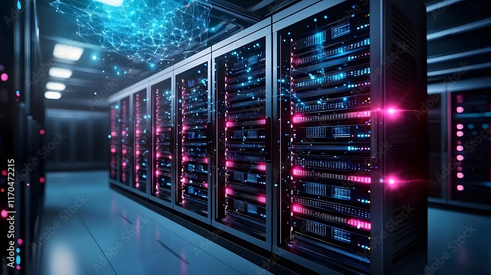 Poster futuristic quantum data center environment with glowing server racks and holographic data flow visua