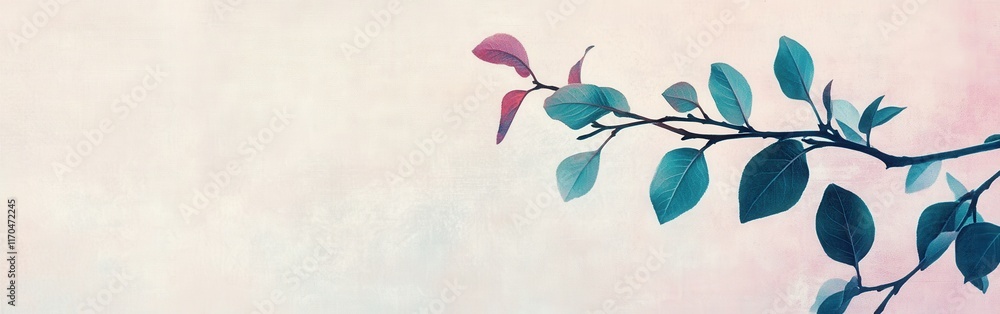 Poster artistic gradient leaves showcasing vibrant colors on delicate branches against a soft background