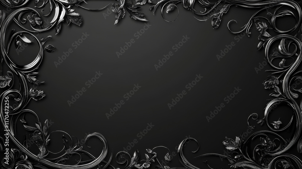Poster ornate rectangular black and frame with scrolls and flourishes enclosing blank copy space, vector il