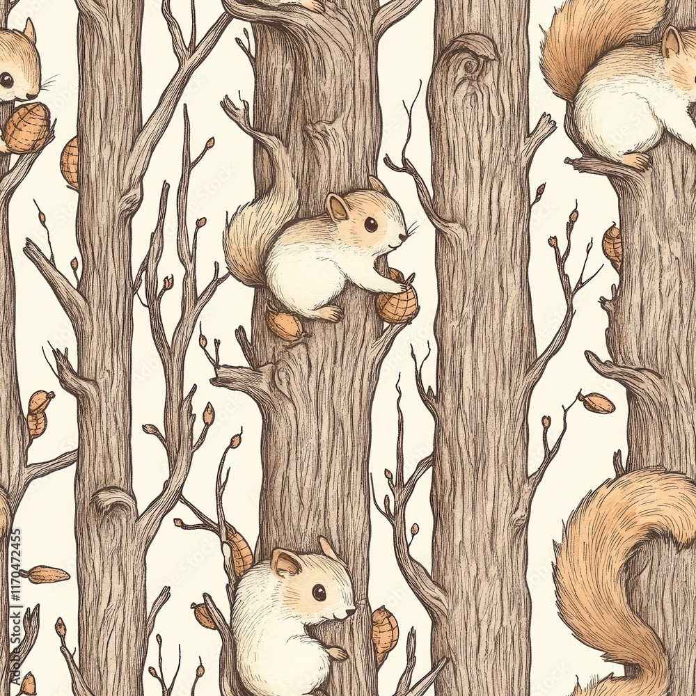 Poster intricate doodle of squirrels climbing trees with pinecones in a whimsical cartoon style