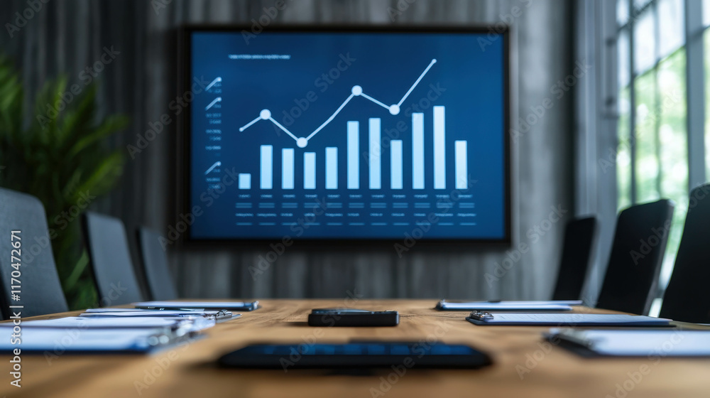 Poster modern boardroom with large screen displaying business growth graph and data