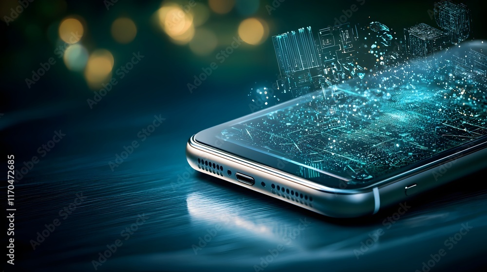 Poster a futuristic smartphone powered by quantum computing technology glowing with holographic data projec