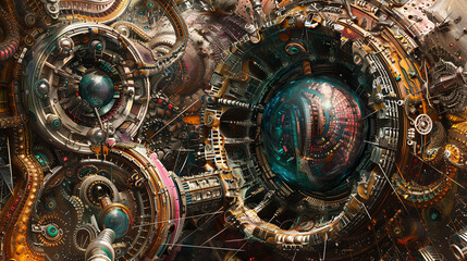 Visualize a captivating fusion of machinery and dreams in a traditional oil painting style, with a low-angle view revealing a hidden world where surrealism meets robotic enhancements in vivid colors a