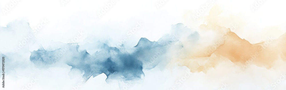 Poster soft watercolor abstract in blue and orange hues on a white background creating a serene and artisti