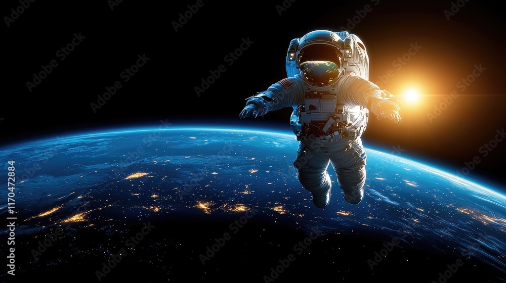 Aufkleber astronaut floating in space earth below digital artwork cosmic environment wide angle view explorati
