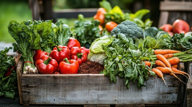 Fresh Garden Vegetables In A Rustic Wooden Crate