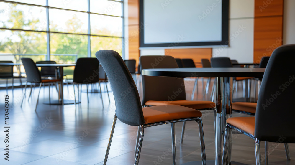 Poster modern networking lounge with sleek tables and comfortable seating arranged neatly