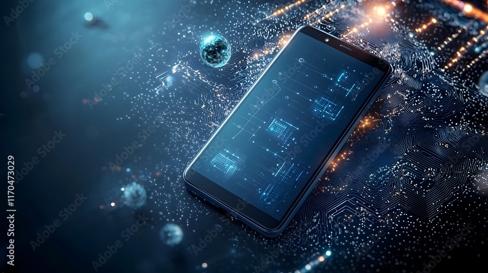 Poster high tech smartphone surrounded by holographic quantum circuits and glowing data streams leaving cop