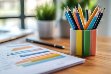 Colored pencils in a colorful pot on a wooden desk with charts and laptop