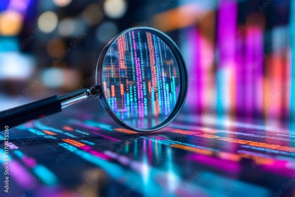 Fototapete Magnifying glass exploring colorful programming code on digital display