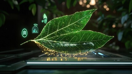 A futuristic, glowing leaf rests on a surface, surrounded by digital icons, symbolizing the fusion of nature and technology.