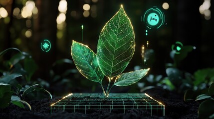 A futuristic digital plant emerging from the soil, illuminated by green light, symbolizing growth, technology, and environmental sustainability.