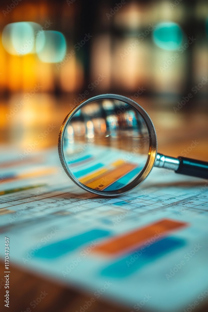 Poster magnifying glass examining financial charts and graphs for business analysis