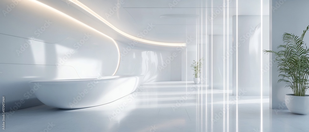 Poster sleek and polished high tech minimalist setting with clean lines and soft lighting