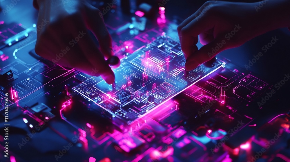 Poster skilled hands assembling a sleek high tech device surrounded by vibrant digital blueprints and