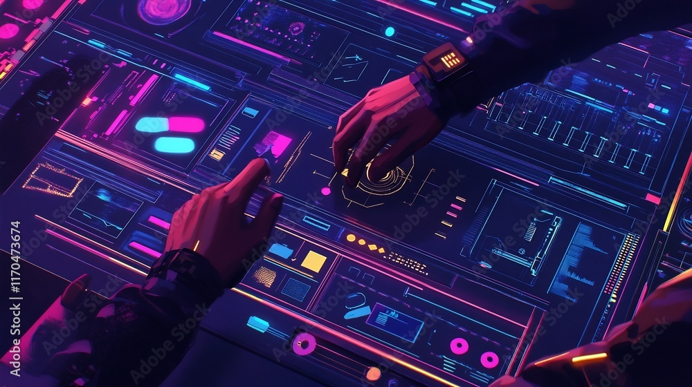 Poster hands assembling sleek digital device surrounded by vibrant futuristic blueprints and glowing