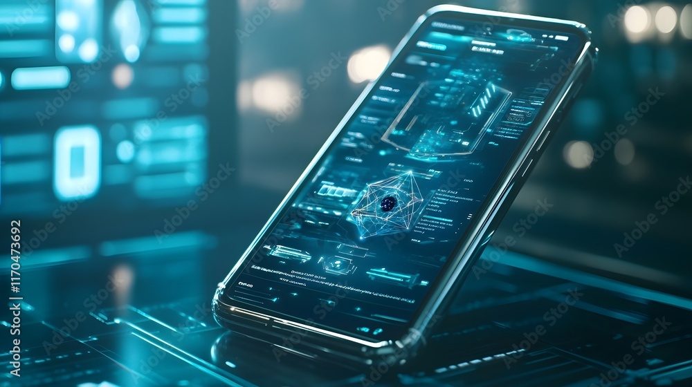 Poster futuristic smartphone with a virtual quantum assistant displayed in holographic form leaving ample c