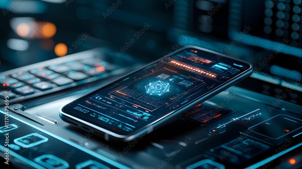 Poster a sleek and futuristic smartphone design featuring a virtual quantum assistant displayed in holograp