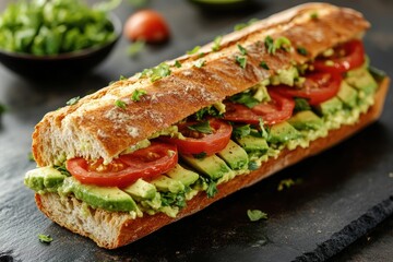 Delicious baguette sandwich with avocado, tomato, and lettuce filling on brown paper