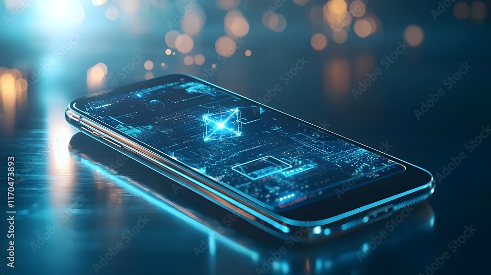 Poster futuristic smartphone design with a virtual quantum assistant displayed in holographic form leaving 