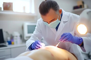Surgeon performing a skin surgery with surgical instruments