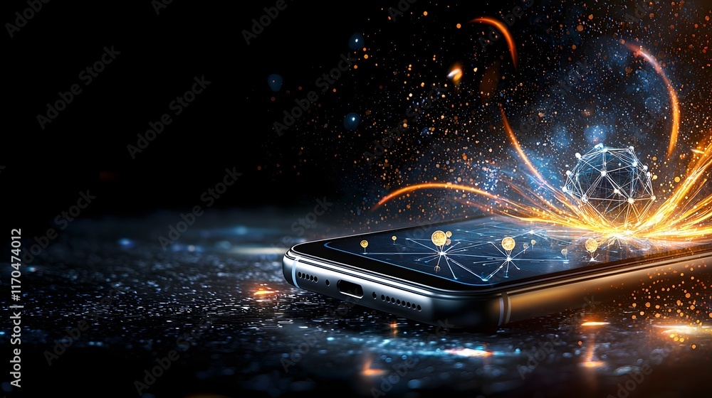 Poster a futuristic smartphone utilizing quantum computing technology for real time problem solving featuri