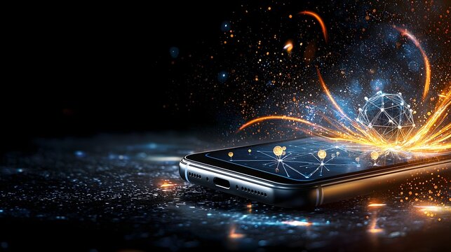 A futuristic smartphone utilizing quantum computing technology for real time problem solving featuring glowing qubit icons and vibrant energy flows