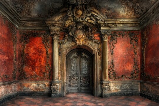 Ornate doorway in a richly decorated, aged room.  Intricate carvings and deep red walls create a dramatic atmosphere.