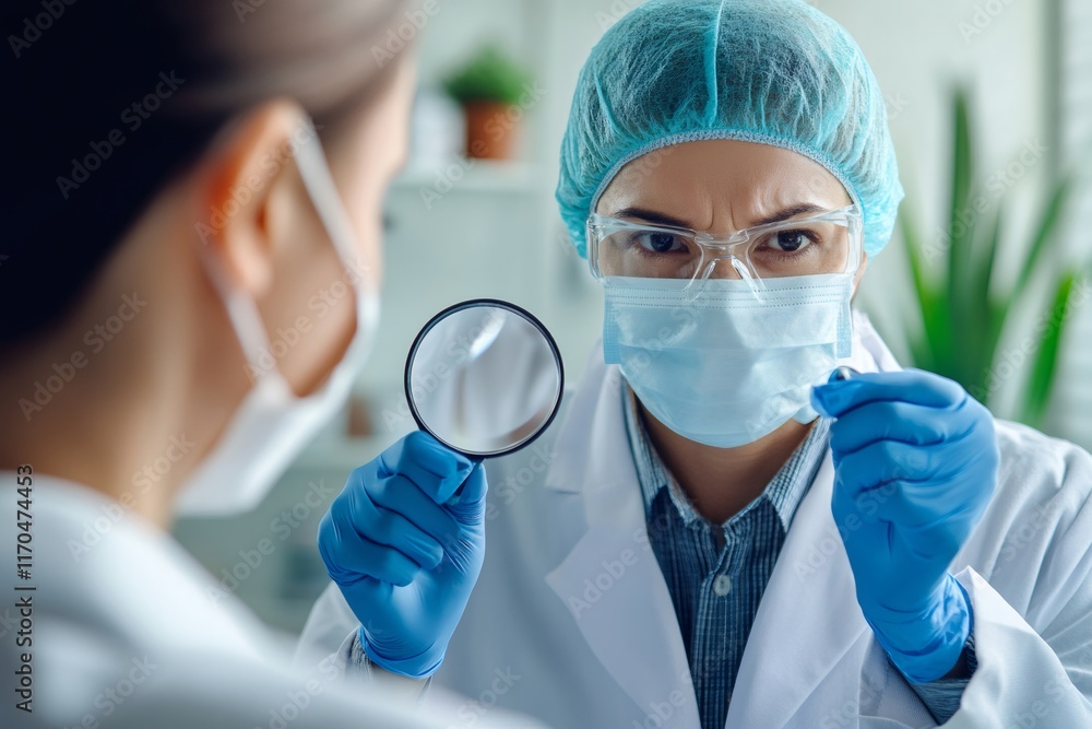 Poster scientist showing small detail with magnifying glass to colleague in laboratory