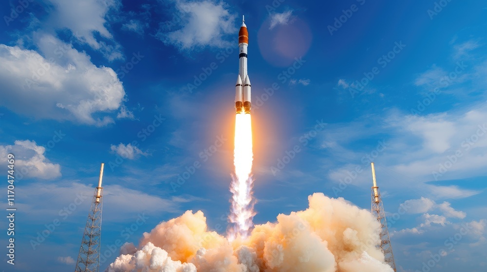 Poster rocket launch event spaceport high-resolution image clear sky dynamic perspective space exploration 