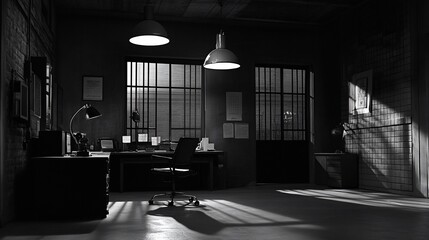 Detective's dimly lit office, barred windows, sunlit wall, film noir setting