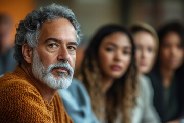 Obraz premium Senior hispanic man listening attentively during a conference meeting